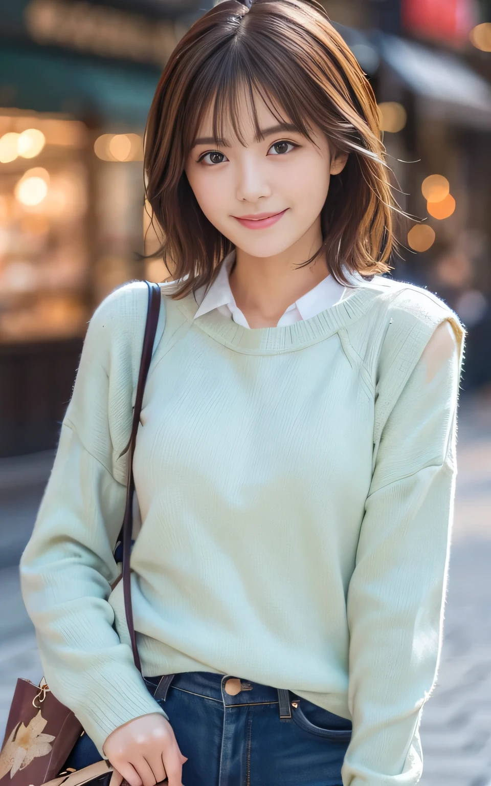 Cute 21 year old Japanese、city、shopping、Highly detailed face、Pay attention to the details、double eyelid、Beautiful thin nose、Sharp focus:1.2、Beautiful woman:1.4、(Light brown hair,short hair、),Pure white skin、highest quality、masterpiece、Ultra-high resolution、(Realistic:1.4)、Highly detailed and professional lighting、nice smile、Please show me your whole body、Cute autumn clothes、