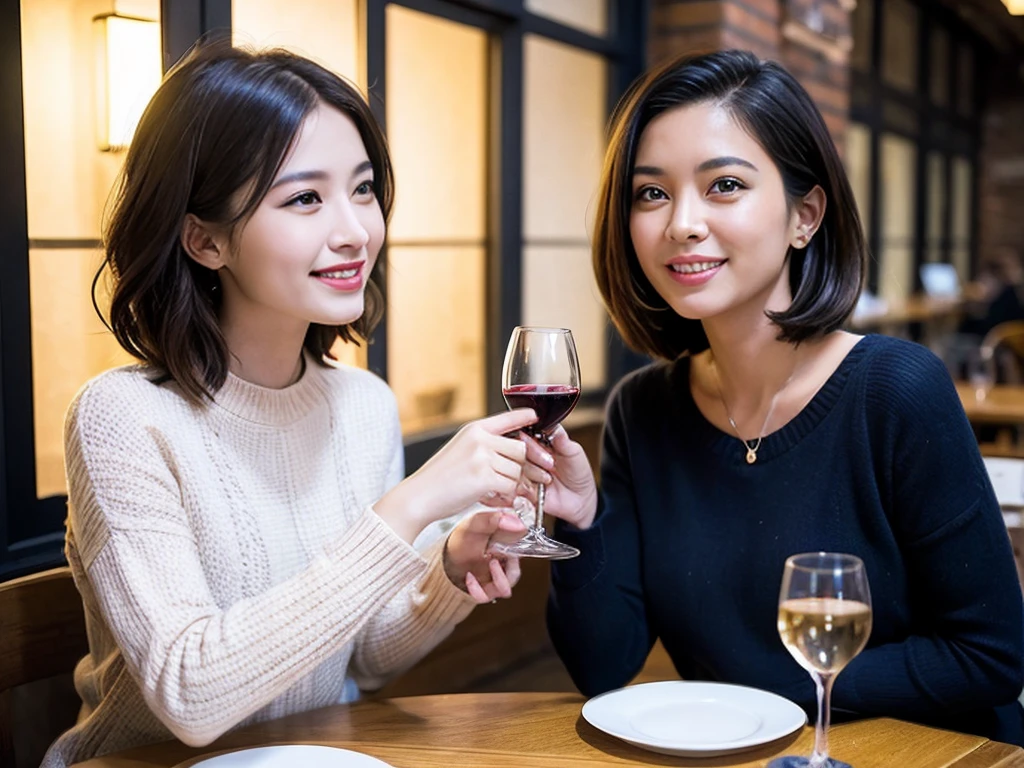 (k uhd、nfsw、top-quality、masterpiece:1.2)、(realisitic、Photorealsitic:1.37)、ultra-detailliert、wine glasses、enjoying a glass of wine、a matural female、Two pretty women、(Slim Faces)、(Slim body)、(brawn hair)、(short-cut)、smiling french woman、happy italian girl、British woman、Americana、blush a little on the cheeks、(38 years)、42 year old、red wine、Beautiful detailed urban night view outside the window、resturant、Wine glasses in a prominent place、natta、(from waist up)、sitting on、date、(A smile:1.15)、Beautiful fine eyes、bustup、Cashmere sweater、long-sleeved dresses、japanes、(short-hair:1.2)、Float NovaFrogStyle、、modeled、from waist up、white wine、Slimed、wine glasses、Super beautiful night view、Put the wine glass in the middle、Happy smile、(8K、Raw photography、top-quality、masterpiece:1.2)、(realisitic、Photorealsitic:1.37)、ultra-detailliert、超A high resolution、2 females、see the beholder、beautifull detailed face、A smile、Constriction、(Slim waist) :1.3)、knit shirt、Beautiful detailed skin、Skin Texture、floated hair、profetional lighting、middlebreasts、eyes gentle
