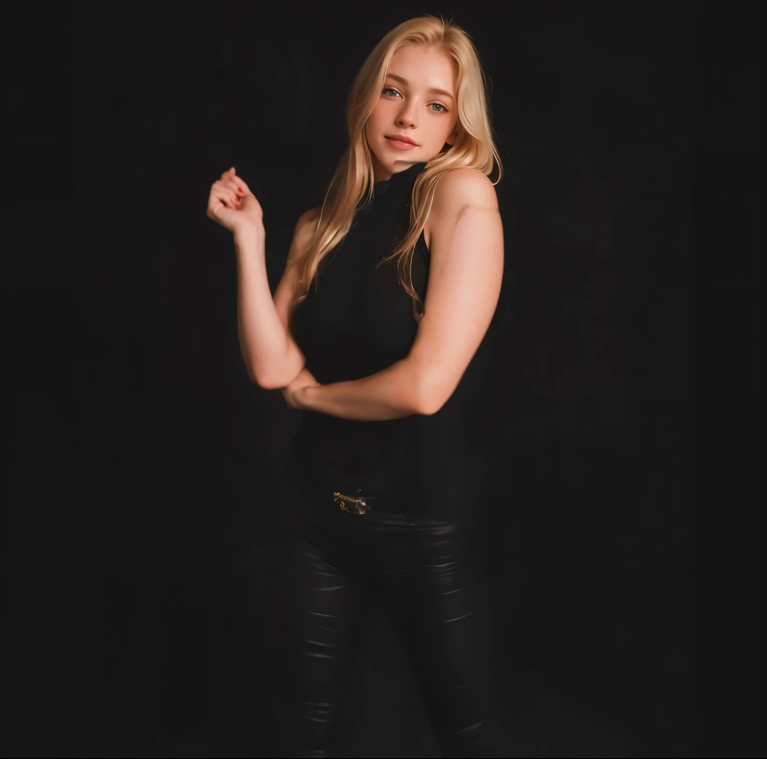 mulher, americana, 25 anos, pale skin and freckles, olhos cinzas, nariz delicado, soft and delicate lips, longo, cabelo blondie longo e ondulado na altura da cintura, sorriso meigo, face with delicate feminine facial features, altamente renderizado