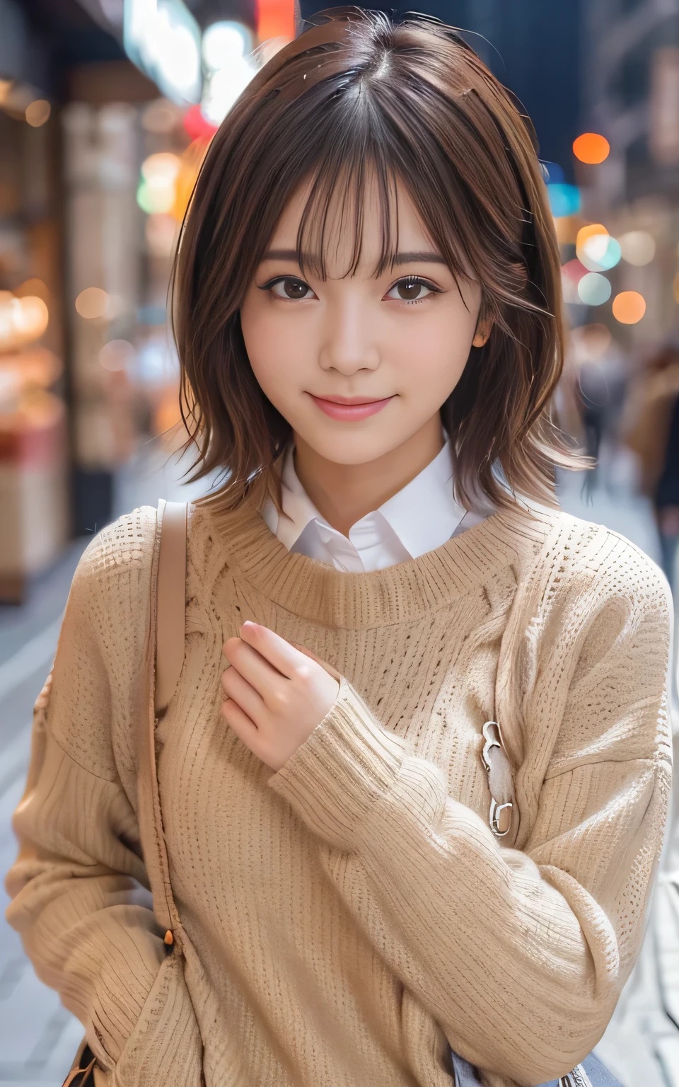 Cute 21 year old Japanese、city、shopping、Highly detailed face、Pay attention to the details、double eyelid、Beautiful thin nose、Sharp focus:1.2、Beautiful woman:1.4、(Light brown hair,short hair、),Pure white skin、highest quality、masterpiece、Ultra-high resolution、(Realistic:1.4)、Highly detailed and professional lighting、nice smile、Please show me your whole body、Cute autumn clothes、
