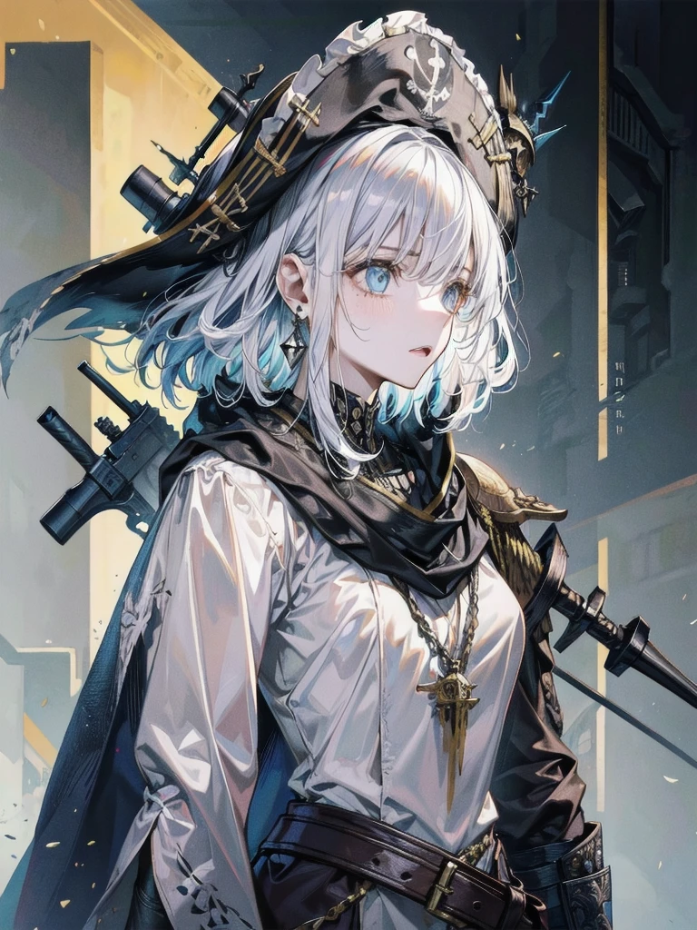 a heavily armored pirate, pirate captain, detailed metal armor, intricate pirate clothing, bold colors, highly detailed metal textures, flintlock pistol, cutlass sword, absurdres, RAW photo, extremely delicate and beautiful, masterpiece, Best Quality, ultra high resolution, 32k, hyperrealistic, ultra-detailed, perfect figure, detailed description, pale skin, 20 years old, detailed beautiful face and eyes, tearful mole, earring, short medium hair, wavy hair, 