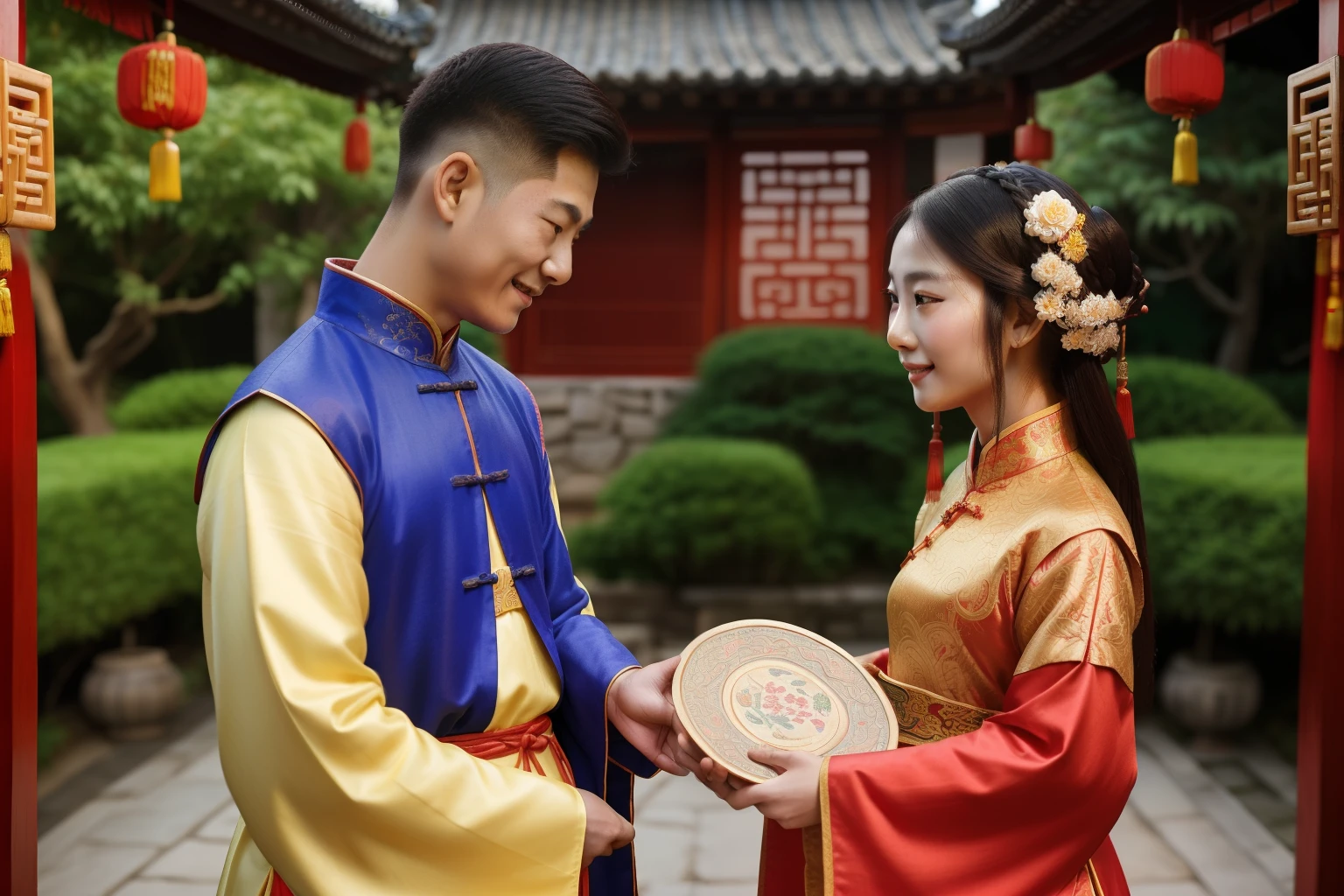 China, 1490. A young ((((29-year-old)) Tan Yunxian)), garden, with her husband, looking at each other lovingly, ((((chinese clothings from the 1490s)))), ((hairstyle of the 1490s)), ((colorful, luminous))