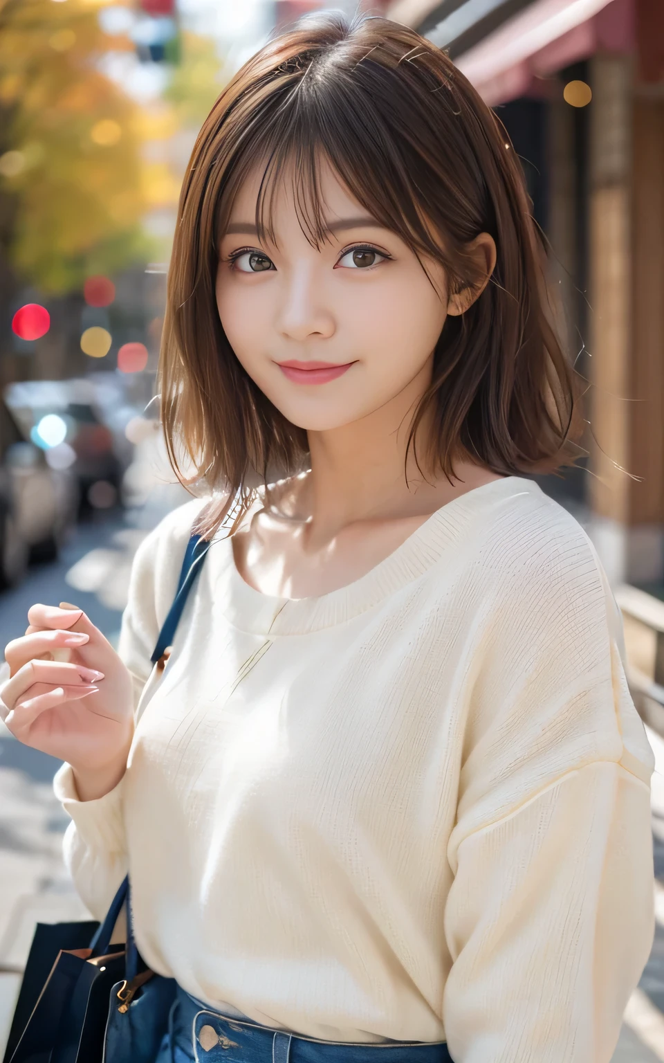 Cute 21 year old Japanese、city、shopping、Highly detailed face、Pay attention to the details、double eyelid、Beautiful thin nose、Sharp focus:1.2、Beautiful woman:1.4、(Light brown hair,short hair、),Pure white skin、highest quality、masterpiece、Ultra-high resolution、(Realistic:1.4)、Highly detailed and professional lighting、nice smile、Please show me your whole body、Cute autumn clothes、
