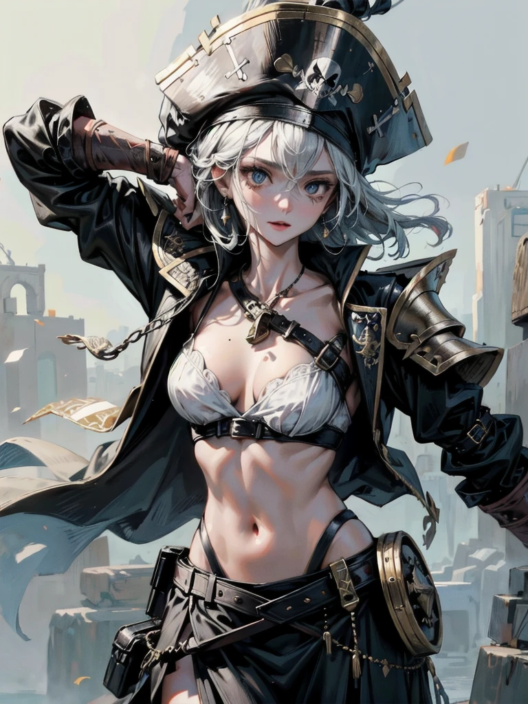 young girl, pirate captain, evil look, ripped clothes,combat stance, wielding a sword,  long pirate coat, pirate hat, highly detailed, vibrant appearance, creative behavior, extremly detailed, imaginative, sensual, spontaneous, highest quality, skin texture, intricate details, (cinematic lighting), RAW photo, 8k, masterpiece,best quality,ultra-detailed,very detailed illustrations,extremely detailed,intricate details,highres,super complex details,extremely detailed 8k cg wallpaper,