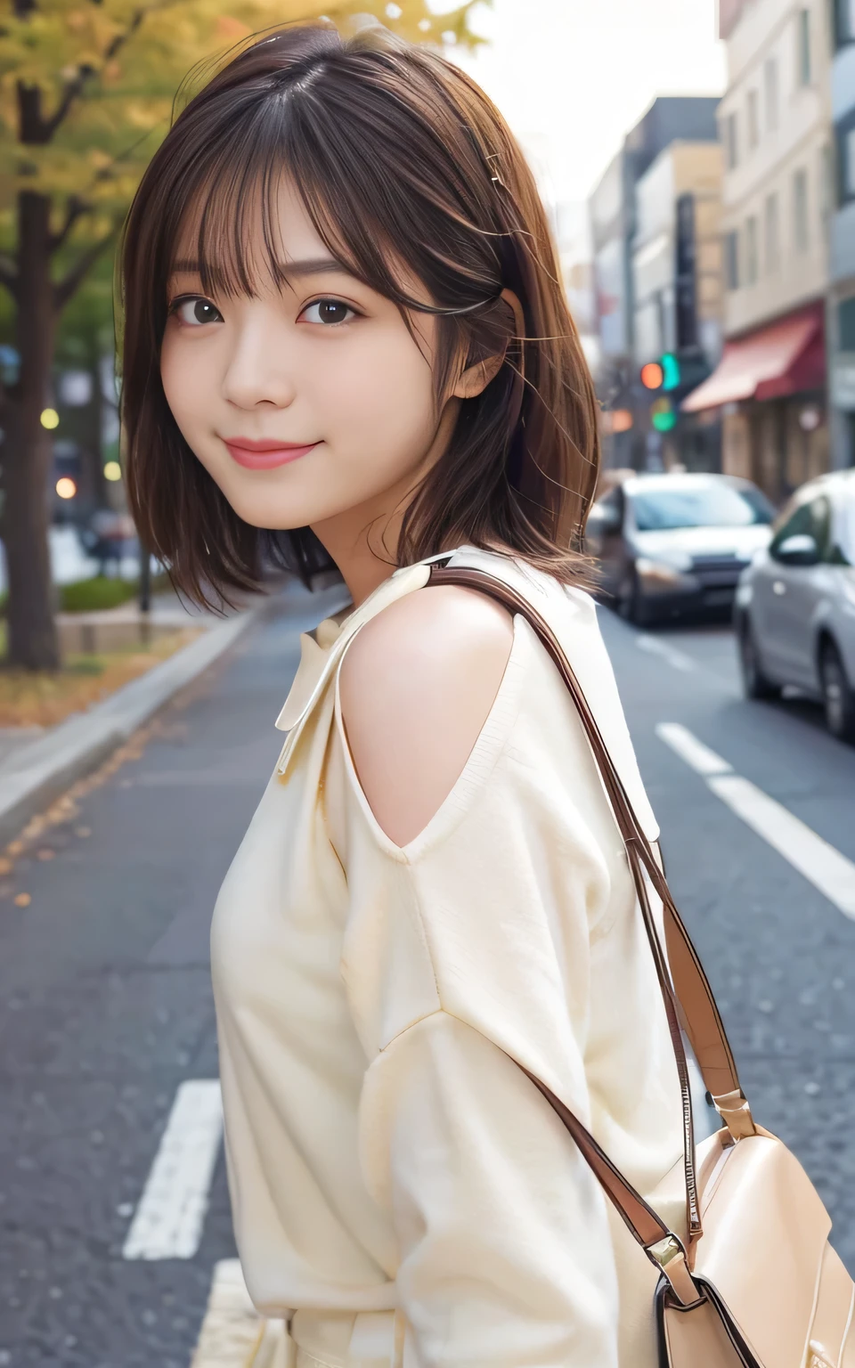 Cute 21 year old Japanese、city、shopping、Highly detailed face、Pay attention to the details、double eyelid、Beautiful thin nose、Sharp focus:1.2、Beautiful woman:1.4、(Light brown hair,short hair、),Pure white skin、highest quality、masterpiece、Ultra-high resolution、(Realistic:1.4)、Highly detailed and professional lighting、nice smile、Please show me your whole body、Cute autumn clothes、