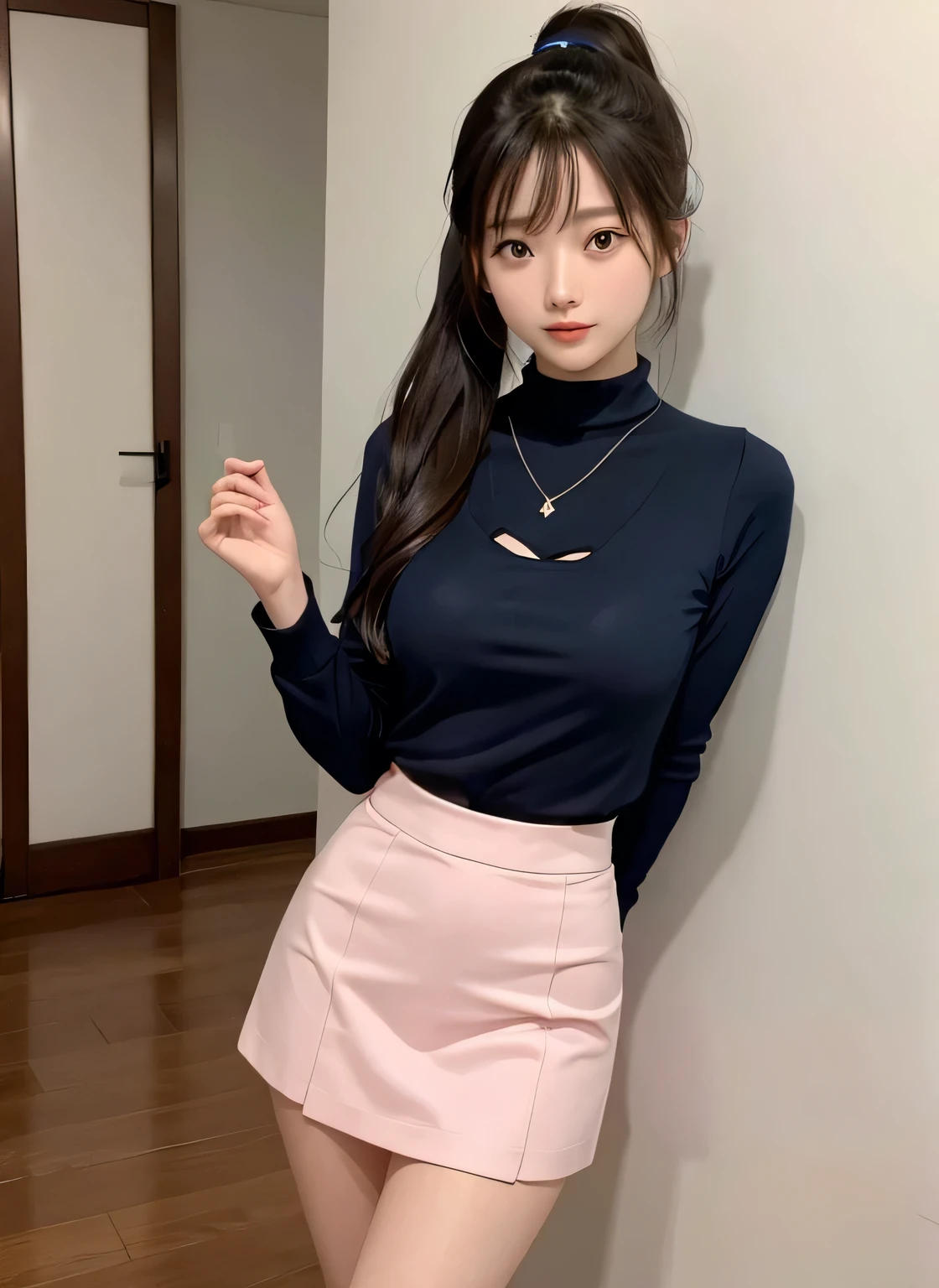 (masterpiece:1.3)、Very fine finish、(High resolution、8k:1.3)、highest quality、Beautiful Hands、Beautiful Hands指、(Ultra-realistic as a photo:1.3), Ultra High Resolution Face、The face is in focus、Ultra high definition and beautiful eyes、(Concentrated eyes:1.3)、(Eyes are symmetrical:1.3)、High quality and beautiful skin、Firm Skin、Natural Makeup、Gloss lips, Ultra HD Hair Texture、Japanese women、high school girl、18-year-old、(超High resolution)),8K,14 years old、Leaning forward to reveal cleavage、Small breasts、Flat Chest、Small breasts, , ponytail, Blue mini skirt, Navy blue Y-shirt、Small breasts cleavage 2:1,Idol Sculpture, Wet, smile、Pink wall、sexy、slender、Well-shaped small breasts、I can see your thighs,Nogizaka Idol