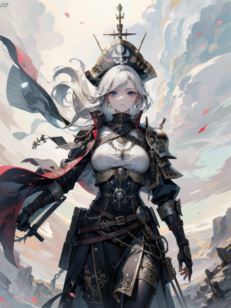 a heavily armored pirate, pirate captain, detailed metal armor, intricate pirate clothing, bold colors, highly detailed metal textures, flintlock pistol, cutlass sword, absurdres, RAW photo, extremely delicate and beautiful, masterpiece, Best Quality, ultra high resolution, 32k, hyperrealistic, ultra-detailed, perfect figure, detailed description, pale skin, 20 years old, detailed beautiful face and eyes, tearful mole, earring, short medium hair, wavy hair,