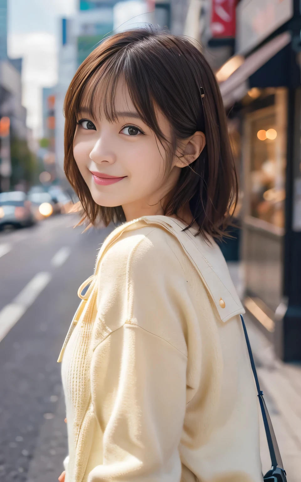 Cute 21 year old Japanese、city、shopping、Highly detailed face、Pay attention to the details、double eyelid、Beautiful thin nose、Sharp focus:1.2、Beautiful woman:1.4、(Light brown hair,short hair、),Pure white skin、highest quality、masterpiece、Ultra-high resolution、(Realistic:1.4)、Highly detailed and professional lighting、nice smile、Please show me your whole body、Cute autumn clothes、