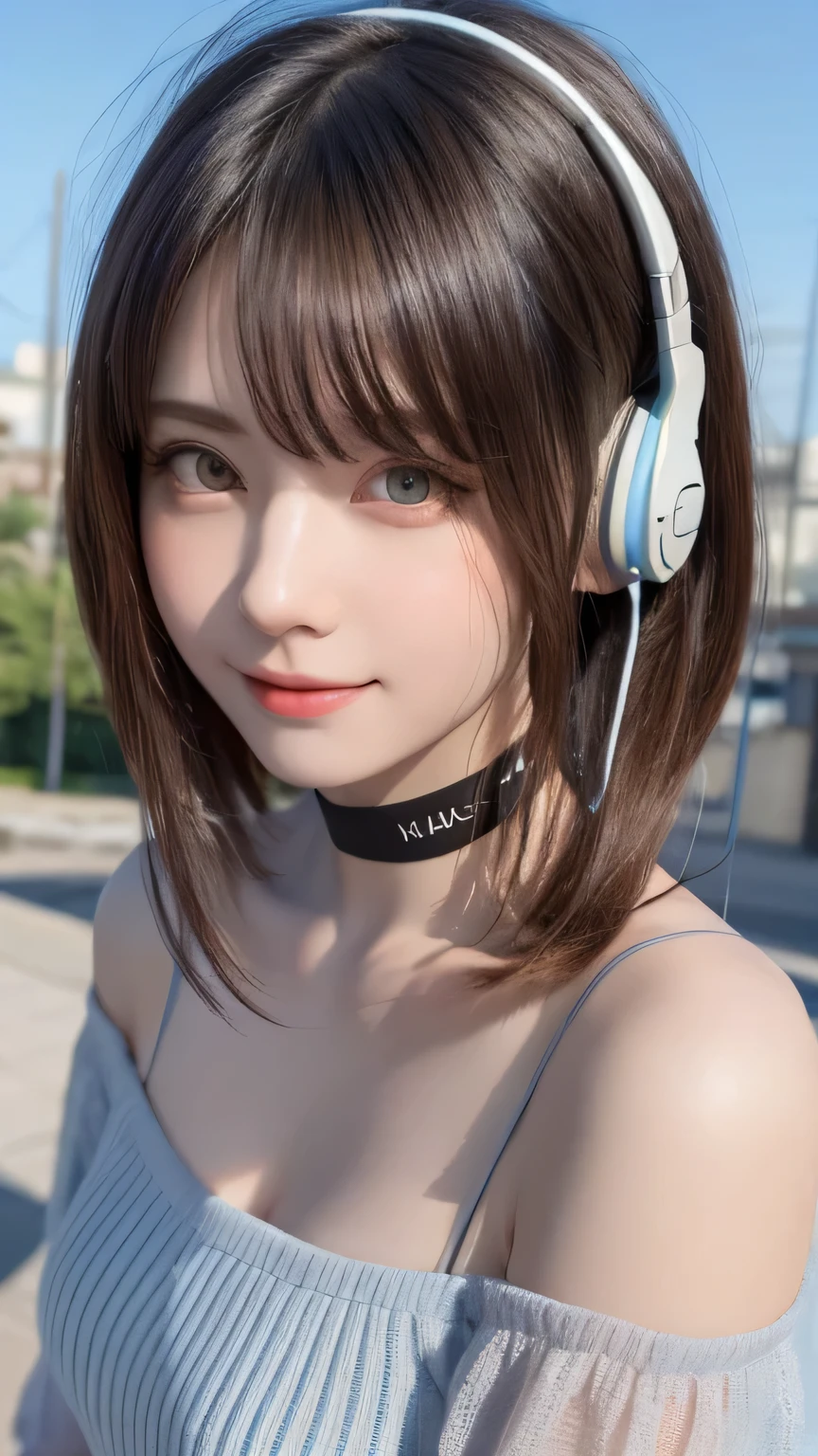 ((highest quality)), ((masterpiece)), (detailed:1.4), Images of beautiful cyberpunk women,Headphones, Heart-shaped choker,16 years old, Hmph(High Dynamic Range), Ray Tracing,NVIDIA,Super Resolution,Fantasy 5,Scattered beneath the surface,PBR Textures,postprocessed,Anisotropic Filtering,Depth of written boundary,Maximum resolution and crisp multi-layered textures,Albedo and Specular Maps,Surface Shading,Accurate simulation of material interactions,Perfect balance,Rendering with Octane,Two-color light,Large Diameter,Low ISO,White balance,Rule 3 points、8K raw data、Beautiful bright red eyes,Off-the-shoulder clothing,Great students,Delicate face and eyes,Long eyelashes,Blush Lash,Delicate and fluffy hair,Pink twin tails with light blue gradation,lip,Pure,Cute Face,pretty girl,Artistic Sense,Casual wear,Advanced Senses、, Beautiful hair accessories,Long hair and waist,Hair blowing in the wind,big eyes , huge shy smile , Raise your arms