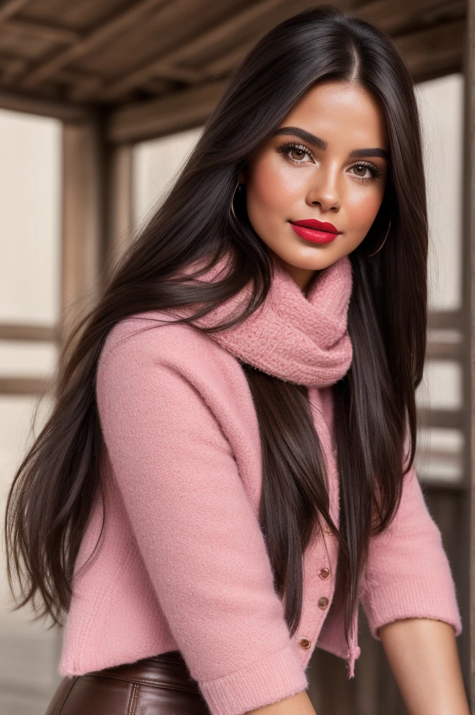 Photorealistic, best quality, hyper detailed, full-body picture. A Gorgeous, pretty, warm-hearted, kind-hearted, good-hearted, stunning, cheerful, sweet, polite, sensitive, sensible, shiny, charming, alluring, dreamy, graceful, classy, stylish, flowing quite long dark haired peruvian woman, a beautiful brunette woman from Perú with the cutest face, skin, soft make-up, red lipstick, she is wearing a leather jacket, skinny trousers, riding boots, and a pink scarf.