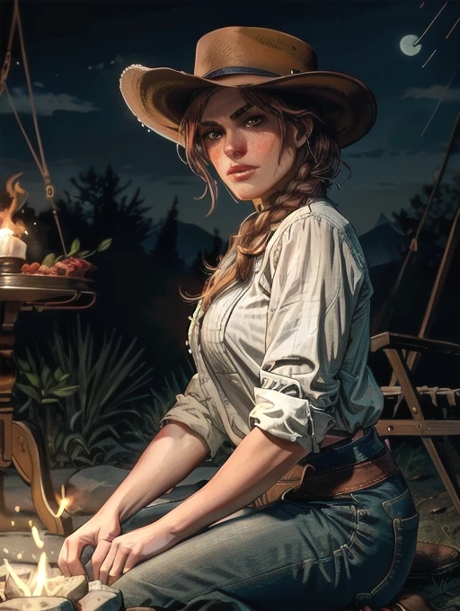 cinematic film still (8k, RAW photo, best quality, masterpiece:1.2),ultra-detailed, (high detailed skin:1.2), 8k uhd, dslr, soft lighting, high quality,   rdr2sadie, 1girl, freckles, braid, shirt, cowboy hat, long hair, looking at viewer, rolled_up_sleeves, tight_jeans, cowboy_boots, white shirt, outdoors, night, stars, full_moon, sitting_outdoors, at_campfire, fire, looking_down_at_the_flames, . shallow depth of field, vignette, highly detailed, high budget, bokeh, cinemascope, moody, epic, gorgeous, film grain, grainy