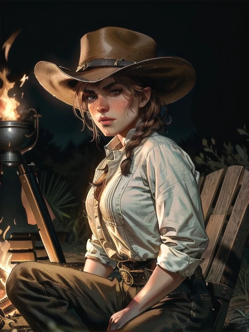 cinematic film still (8k, RAW photo, best quality, masterpiece:1.2),ultra-detailed, (high detailed skin:1.2), 8k uhd, dslr, soft lighting, high quality,   rdr2sadie, 1girl, freckles, braid, shirt, cowboy hat, long hair, looking at viewer, rolled_up_sleeves, tight_jeans, cowboy_boots, white shirt, outdoors, night, stars, full_moon, sitting_outdoors, at_campfire, fire, looking_down_at_the_flames, . shallow depth of field, vignette, highly detailed, high budget, bokeh, cinemascope, moody, epic, gorgeous, film grain, grainy