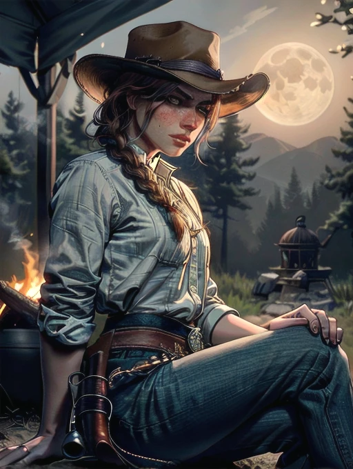 cinematic film still (8k, RAW photo, best quality, masterpiece:1.2),ultra-detailed, (high detailed skin:1.2), 8k uhd, dslr, soft lighting, high quality,   rdr2sadie, 1girl, freckles, braid, shirt, cowboy hat, long hair, looking at viewer, rolled_up_sleeves, tight_jeans, cowboy_boots, white shirt, outdoors, night, stars, full_moon, sitting_outdoors, at_campfire, fire, looking_down_at_the_flames, . shallow depth of field, vignette, highly detailed, high budget, bokeh, cinemascope, moody, epic, gorgeous, film grain, grainy