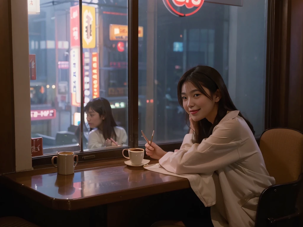 2girl, the girls talking in the coffee shop by the window, woman looking into the distance, night, tokyo, neon sign, (little smile:1.2), the photographer walking down the street looked beautiful and took pictures of her outside the window, snapshot, street photography, (face that visible through the glass:1.3), dark, low light, low key, wide angle, naked body