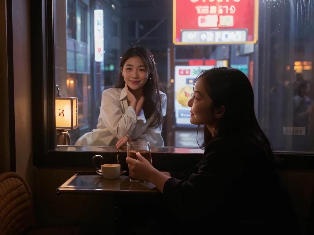 2girl, the girls talking in the coffee shop by the window, woman looking into the distance, night, tokyo, neon sign, (little smile:1.2), the photographer walking down the street looked beautiful and took pictures of her outside the window, snapshot, street photography, (face that visible through the glass:1.3), dark, low light, low key, wide angle, naked body