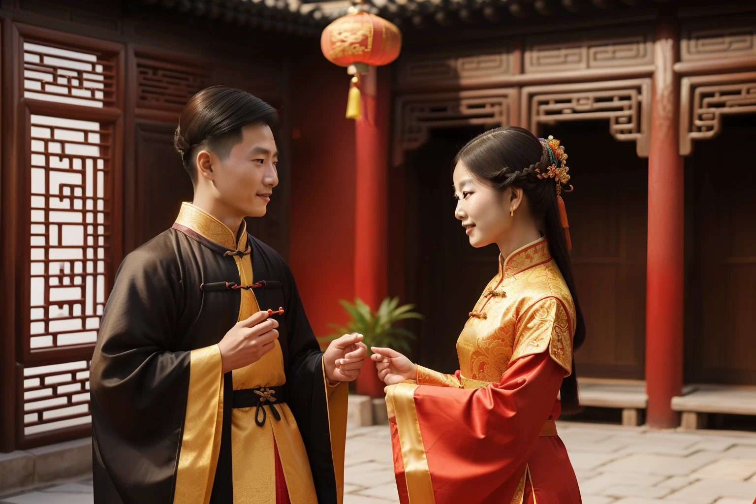 China, 1490. A young ((((29-year-old)) Tan Yunxian)), garden, with her husband, looking at each other lovingly, ((((chinese clothings from the 1490s)))), ((hairstyle of the 1490s)), ((colorful, luminous))