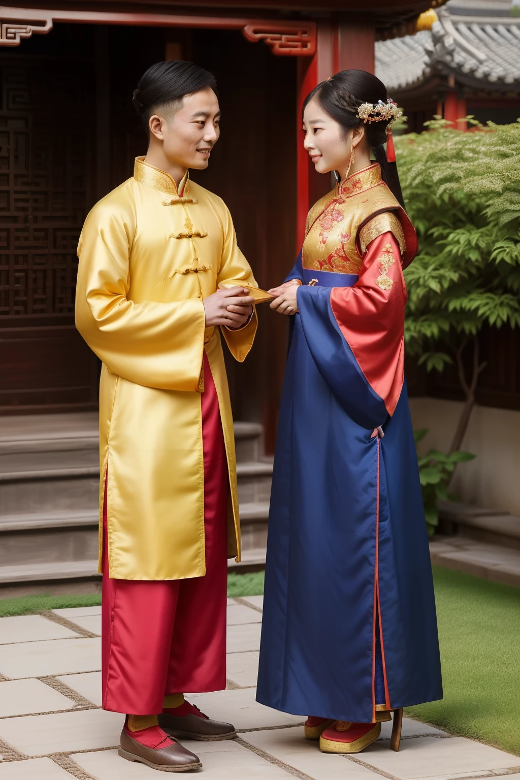China, 1490. A young ((((29-year-old)) Tan Yunxian)), garden, with her husband, looking at each other lovingly, ((((chinese clothings from the 1490s)))), ((hairstyle of the 1490s)), ((colorful, luminous))