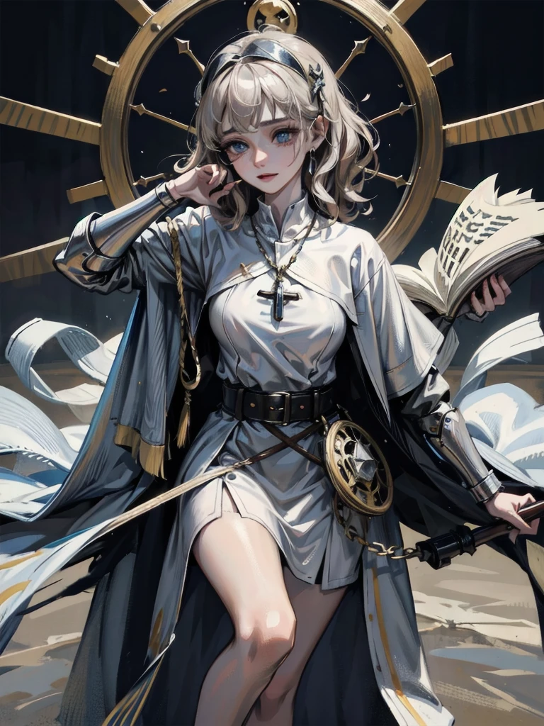 Joan of Arc, absurdres, RAW photo, extremely delicate and beautiful, masterpiece, Best Quality, ultra high resolution, 32k, hyperrealistic, ultra-detailed, perfect figure, detailed description, pale skin, 20 years old, detailed beautiful face and eyes, tearful mole, earring, short medium hair, wavy hair,