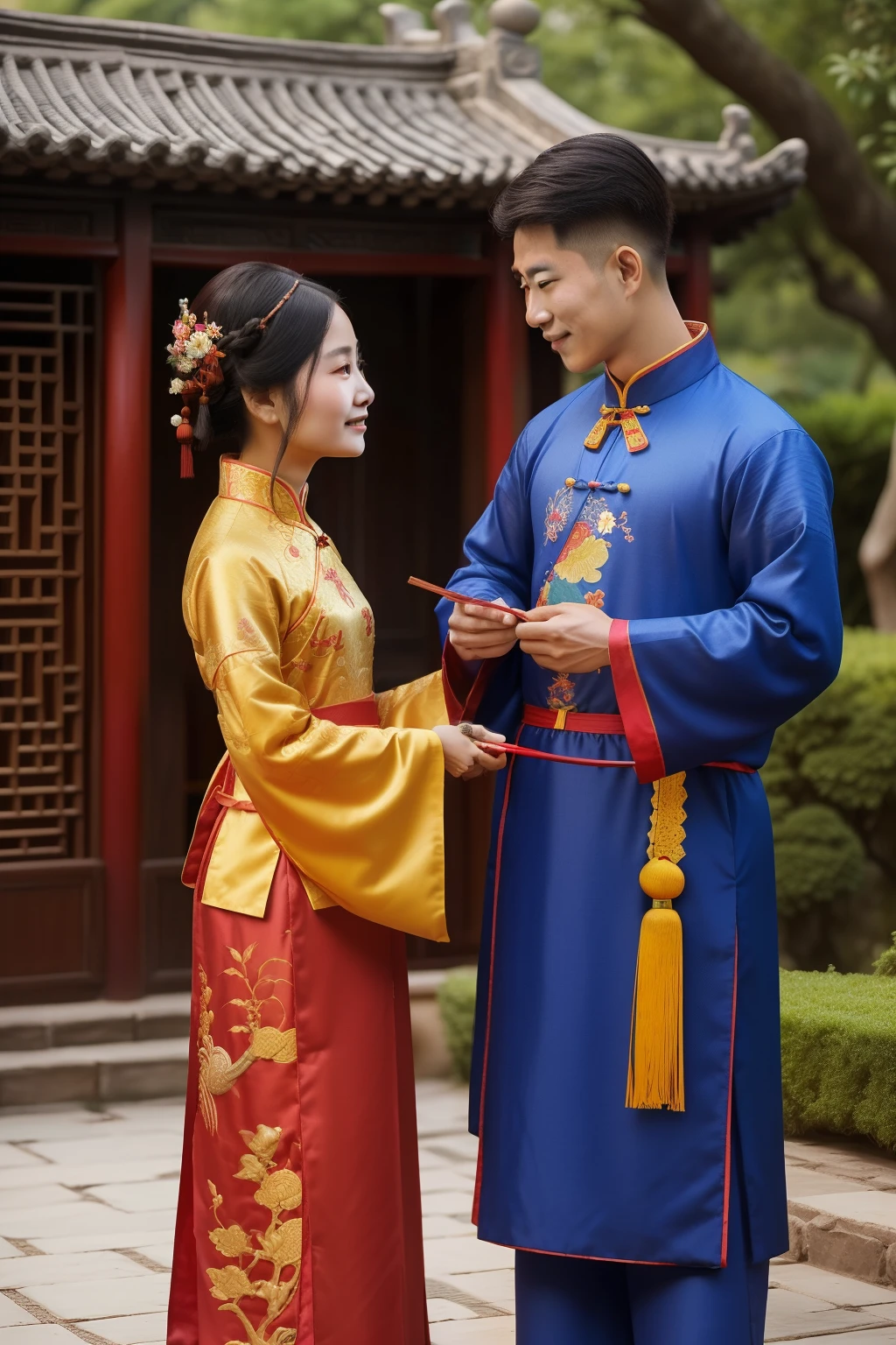 China, 1490. A young ((((29-year-old)) Tan Yunxian)), garden, with her husband, looking at each other lovingly, ((((chinese clothings from the 1490s)))), ((hairstyle of the 1490s)), ((colorful, luminous))