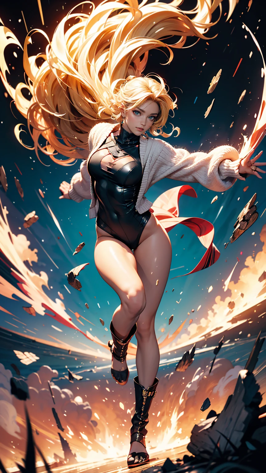 masterpiece, highest quality, sour, Grey sweater, Black leotard, Spin around, spin, Blonde Hair, Superhero, boots, tornado, Circlingwind, alone, barefoot, Circling, Wind effects, spinning into a tornado, fast spin, stand, time travel, Travel through time, High leg, Perfect hands, Perfect Fingers, High leg leotard, Power ups, tornado swirls