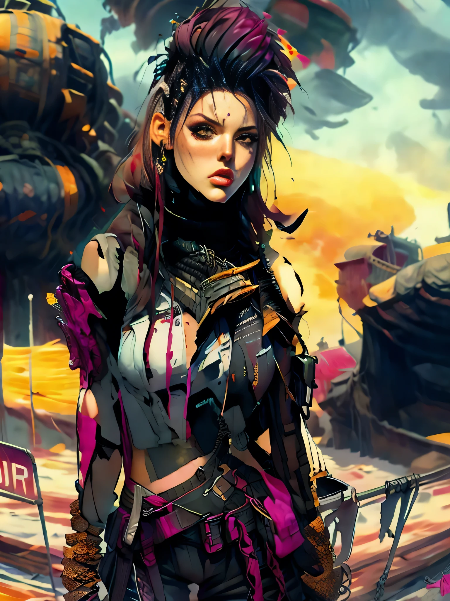 dark and torn, 1 young beautiful muscular body, fierce expression, holding a gun, (colors on her clothes, warm, orange, yellow, violet:1.3), standing on a desolate wasteland, dramatic lighting, intense shadows, sandy texture, tall contrast, vibrant colors, dynamic pose, powerful stance, rugged background, explosive atmosphere, dystopian theme, surreal elements, digitally painted illustration, HD resolution, intricate details, dramatic composition, avant-garde and chaotic brush strokes, gothic style, intense emotions, epic scale, raw and gritty feel, captivating and provocative artwork.

