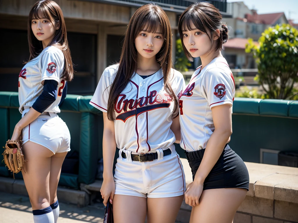 (RAW photo, 4k, masterpiece, high resolution, extremely complex) (realistic: 1.4), cinematic lighting
 ((2 girls)),Slam Dunk's,blushing,((innocent)),(Dark makeup),bright eyes,round eyes,blunt bangs,(straight hair:1.3),black hair,large breasts,wide hips,Summer Noon, 20 year old girl、cute type、ta,Hot, (Best Quality), (Highres), (an Extremely Delicate and Beautiful),(Beautiful 8k face),(Brown eyes),short bob hair,( spectators),(gigantic breasts),(Play with each other,Touching each other's bodies,Touching the body),((Baseball Uniforms), a miniskirt, Toned buttocks),(reality),bright lighting,(The background is a luxury hotel room)