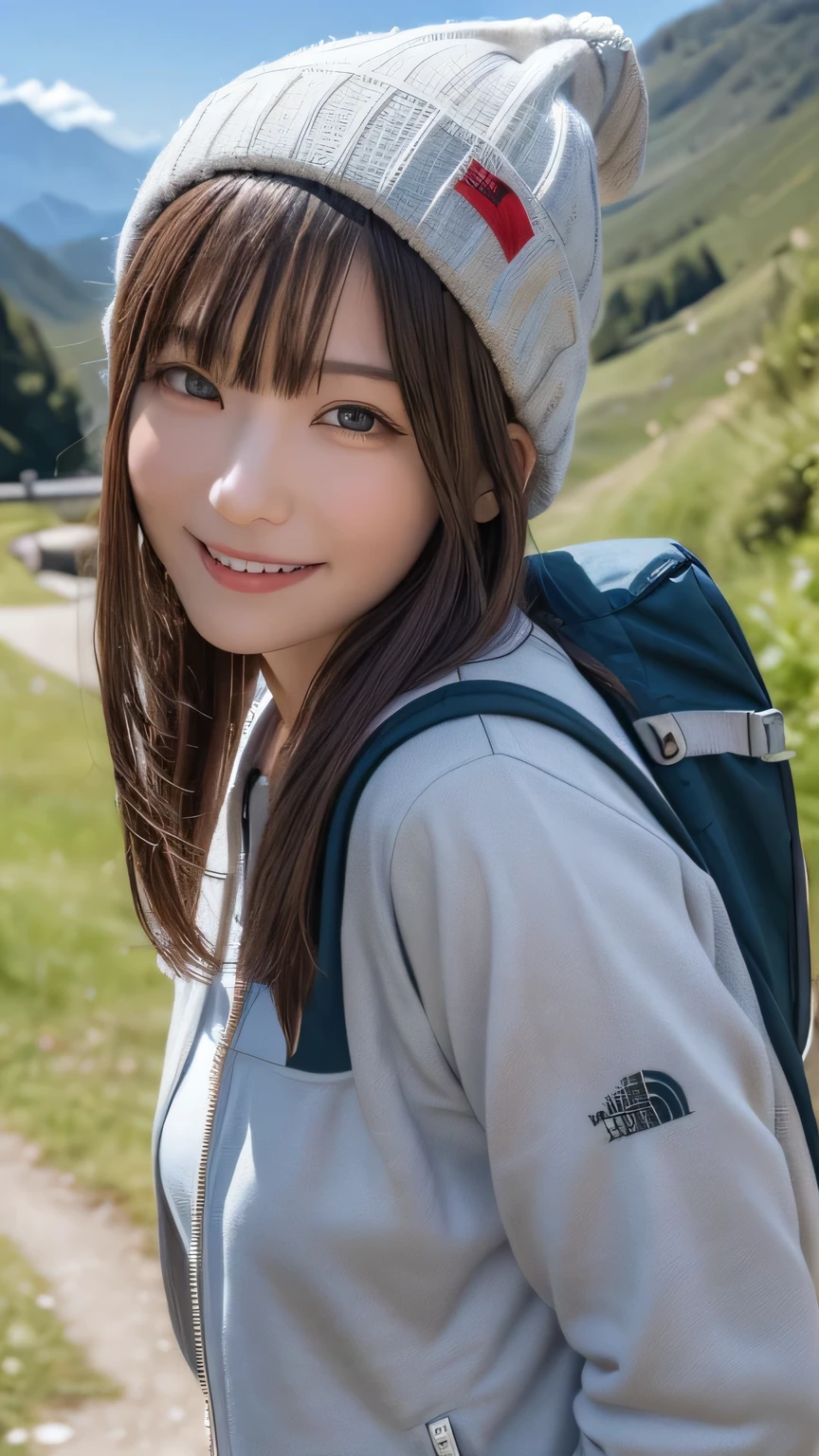 (background, Magnificent summer Mountain views):1.3, (summer Mountain:1.37), (8k, RAW Photos, 最high quality, masterpiece:1.2), (Realistic, photo-Realistic:1.37), Very detailed, high quality, Professional Lighting, Physically based rendering of a 14 year old female, (One Girl:1.3), (Japanese Girls), (Mid-chest:1.25), (Semi-long hair, Dark brown hair), (Skin with attention to detail:1.2), (Very delicate face, Super beautiful poop, Very delicate eyes, Very detailed鼻, Very sophisticated mouth), (Mountain jacket(The North Face), Trekking pants, Knitted hat), (Carry a backpack), (Walking the mountain path), from the front, whole body，big eyes , huge shy smile , Raise your arms