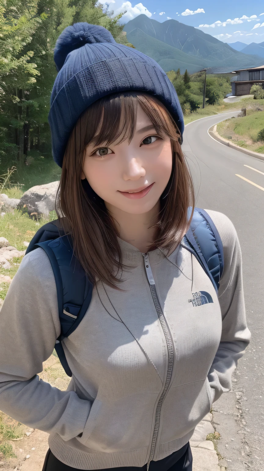 (background, Magnificent summer Mountain views):1.3, (summer Mountain:1.37), (8k, RAW Photos, 最high quality, masterpiece:1.2), (Realistic, photo-Realistic:1.37), Very detailed, high quality, Professional Lighting, Physically based rendering of a 14 year old female, (One Girl:1.3), (Japanese Girls), (Mid-chest:1.25), (Semi-long hair, Dark brown hair), (Skin with attention to detail:1.2), (Very delicate face, Super beautiful poop, Very delicate eyes, Very detailed鼻, Very sophisticated mouth), (Mountain jacket(The North Face), Trekking pants, Knitted hat), (Carry a backpack), (Walking the mountain path), from the front, whole body，big eyes , huge shy smile , Raise your arms