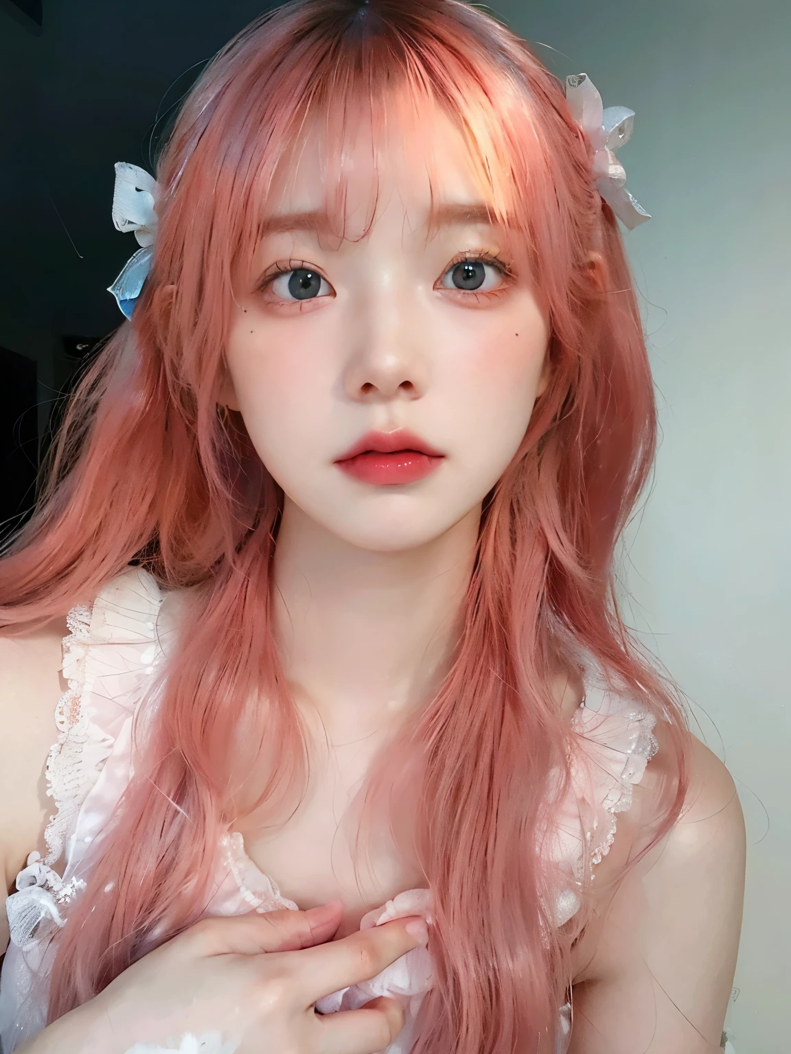 Close up of a woman with pink hair and white dress, Best Face, with pink hair, shiny peach face, pale red, pale porcelain white skin, Doyoung Kim, Pale glowing skin, Pink twintail hair and turquoise eyes, pale and fair skin!!, Pink hair is flowing, Aurora color hair, Jinyoung Shin, fairy core, Pastel pink skin tone