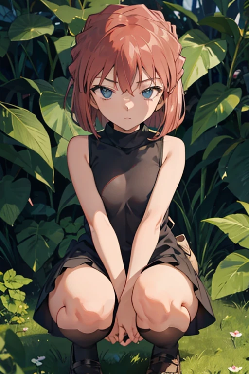 extremely detailed wallpaper,sharp focus,soft light,beautiful eyes,perfect anatomy,higher,super detailed,professional lighting,depth of field,detailed beauty face,perfect limbs,highest quality,high resolution,,140cm hig,((small breast)),((black eyes)),girl body,((embarrassing)),from above,whole body,squatting,(sleeveless short dress)