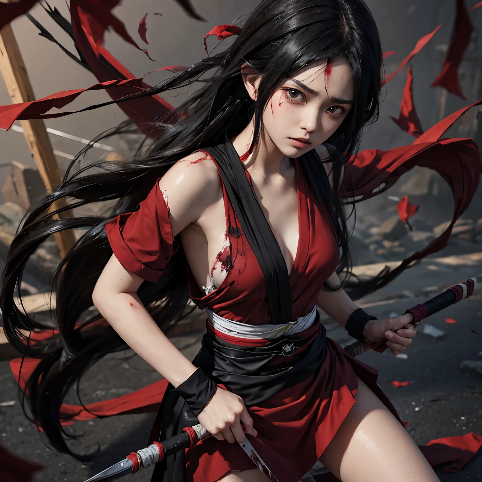 Sarada, Long black hair, disheveled, Sharingan , exhausted after a fight, clothes torn, body covered in blood, kunai in hand