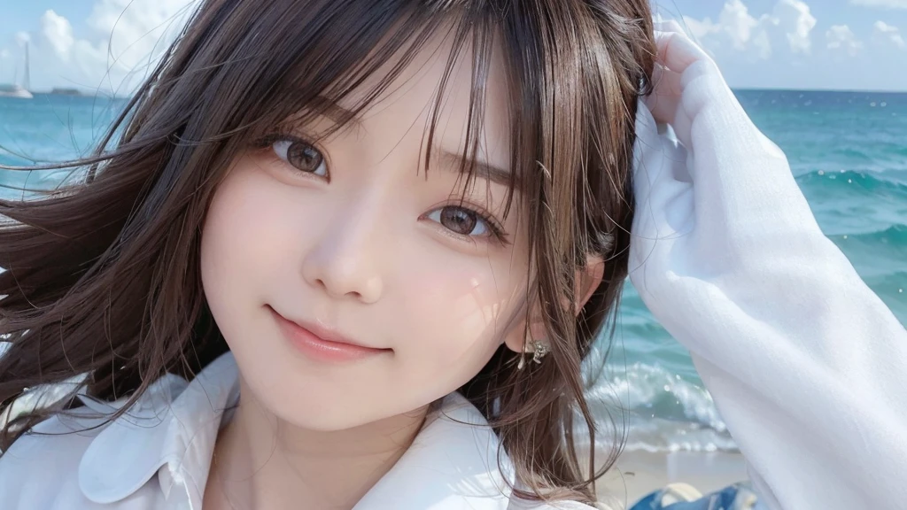 (Dynamic Angle:1.3),Extreme close up,((the wind is strong)),映画ofハイライト,1人of女of子,Upper Body,dancing,View your viewers, ((On the beach, alone)), jewelry, blank eyes,brooch, 茶hair,( 長いhair:1.2),floating hairlong_sleeve, ribbon, Jacket, dress, gem, hair_ribbon,null, depth_of_Field, a close view of flying petal,Smiling face,((wince))