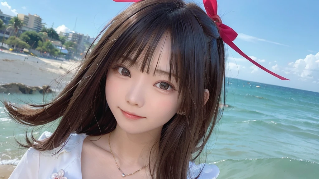 (Dynamic Angle:1.3),Extreme close up,((the wind is strong)),映画ofハイライト,1人of女of子,Upper Body,dancing,View your viewers, ((On the beach, alone)), jewelry, blank eyes,brooch, 茶hair,( 長いhair:1.2),floating hairlong_sleeve, ribbon, Jacket, dress, gem, hair_ribbon,null, depth_of_Field, a close view of flying petal,Smiling face,((wince))