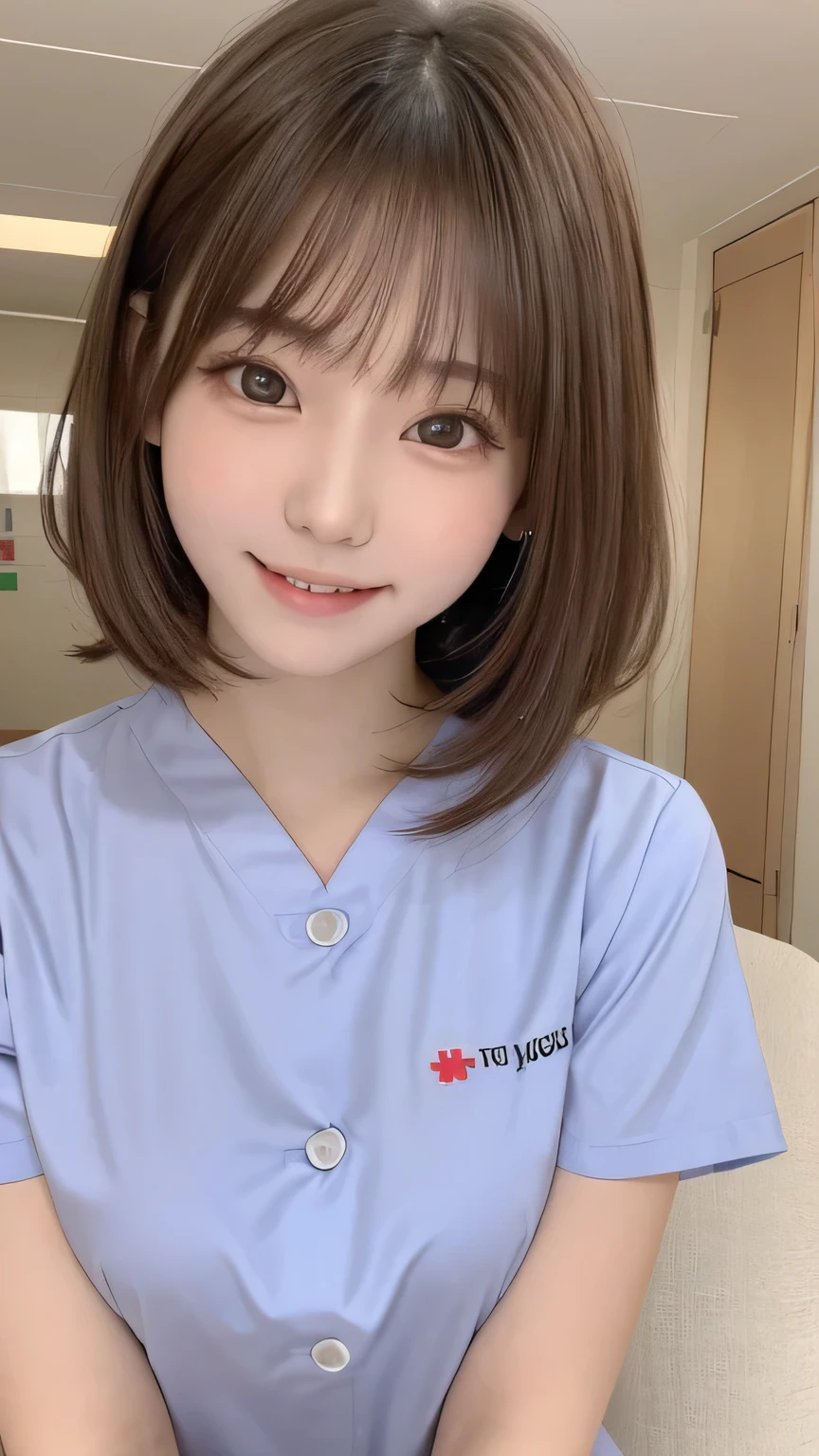 Tabletop, highest quality, One Girl, (beautiful girl:1.3), (:1.3), Very fine grain definition, (Symmetrical eyes:1.3), (Nurse Costume:1.2), Beautiful breasts, Brown eyes, Parted bangs, Brown Hair,hospital , big eyes , huge shy smile , Raise your arms