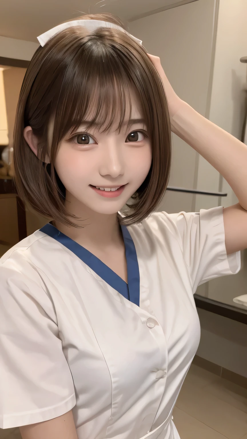 Tabletop, highest quality, One Girl, (beautiful girl:1.3), (:1.3), Very fine grain definition, (Symmetrical eyes:1.3), (Nurse Costume:1.2), Beautiful breasts, Brown eyes, Parted bangs, Brown Hair,hospital , big eyes , huge shy smile , Raise your arms