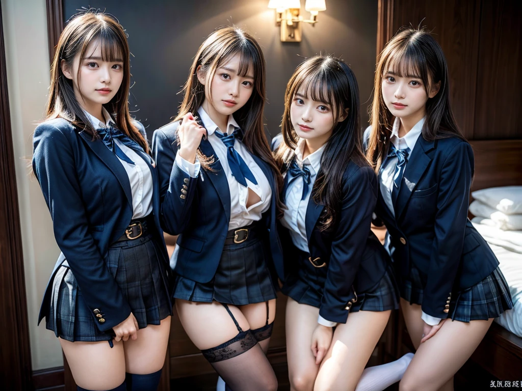 (8K, Raw photography, top-quality, ​masterpiece:1.2), master piece, best quality, illustration, Super detailed, fine details, High resolution, 8K,wall paper, perfect dynamic composition,(Details High quality, realistic depiction of eyes:1.3), ((2 girls, 2 schoolgirls)), The background is a luxury hotel room、High school girl uniform、blazer 、Super Short Check Uniform Skirt、Navy blue high socks、garterbelts、Colossal tits、Disturbed uniform, Play with each other,Touching each other's bodies,Touching the body of the girl next door, short bob hair, black hair color, huge breasts, Big Natural Color Lip, bold sexy pose, (perfect body shape), crying a little、cold gaze,  Beautiful makeup,glitter makeup,Cutest 18 years old, beautiful legs, hposing Gravure Idol, Voluptuous thighs