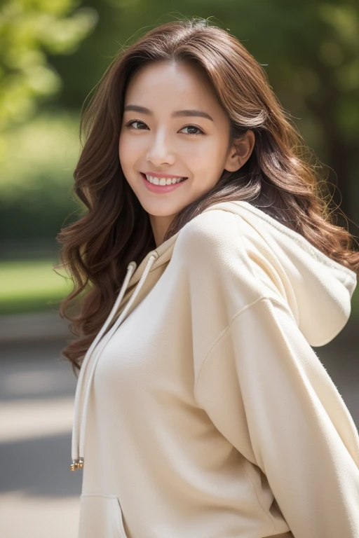 highest quality、4K、Perfect Face、Perfect Style、Sunburn、long curly layer hair, beautiful、stylish appeal、Mature、Swept-back hair、beautiful abs, full body,gorgeous lady, smile,white hoodie, beige cap,wearing sneakers,in the park,evening(From below:1.2), (Realistic:1.2), (Ultra-realistic:1.3), (very detailed:1.1), ((masterpiece)),sexy,detailed