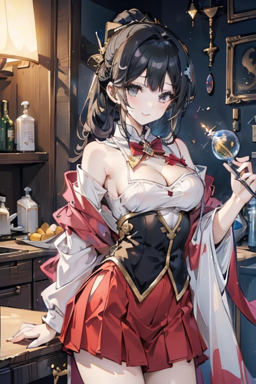 (fantasy:1.5),(8k,masterpiece, top quality, best quality,beautiful and aesthetic:1.2,professional illustrasion:1.1,ultra detail:1.3,perfect lighting),extremely detailed,highest detailed,incredibly absurdres , highres, ultra detailed,intricate:1.6,(Alchemy Workshop:1.4),A girl mixing,Medicine in many small bottles,holding small potion,colorful:1.4,zentangle,(a girl 26yo old),(cute girl),pointed chest:1.3,(double breasted:1.2,under bust:1.2), Amazing Cleavage:1.3, thin waist, big ass, Raised sexy, big breast: 1.2 posed cleavage:1.2,(female alchemy),(highly detailed beautiful face and eyes,firm breasts),oily skin,((bronde hair, long pony tail hair)),thin pubic hair,cute,lovely,beautifuk alchemist costume,smile,in the kitchen,smile,seductive weak smiling,(with sparkling eyes and a contagious smile),open mouth, Looking at Viewer,