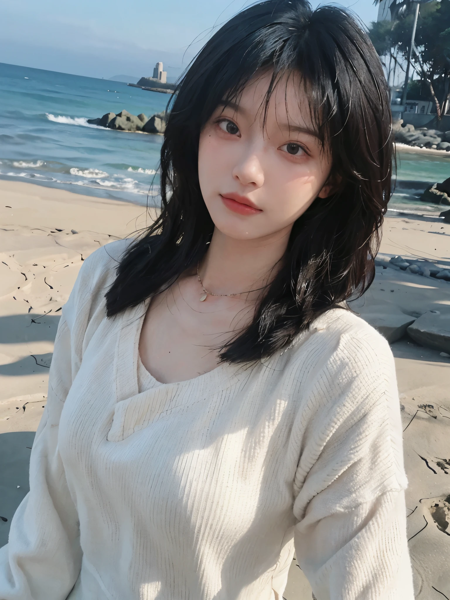 best qualtiy, Ultra-high resolution, (realisticlying:1.4),cute hairpin,1girll,with long coiled hair,Quartered sweater ,Blushlush,Beautiful woman with a slim figure:1.4, Pronounced abs,On the sandy beach,Ultra-fine face,Elaborate Eyes,double eyelid,choker necklace