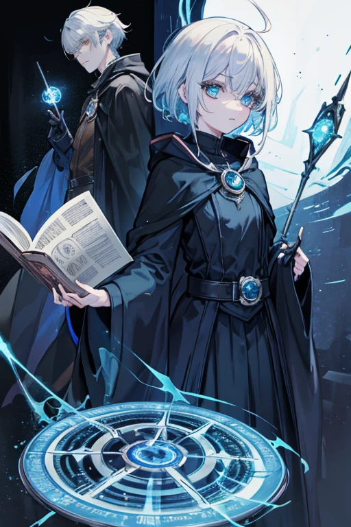 {[{{"Magnificent dark atmosphere, Being in the wizarding world, 4k artwork of a man and woman with gray hair and sparkling blue eyes, short-haired, Surrounded by spellbooks,Create magic."}]}}