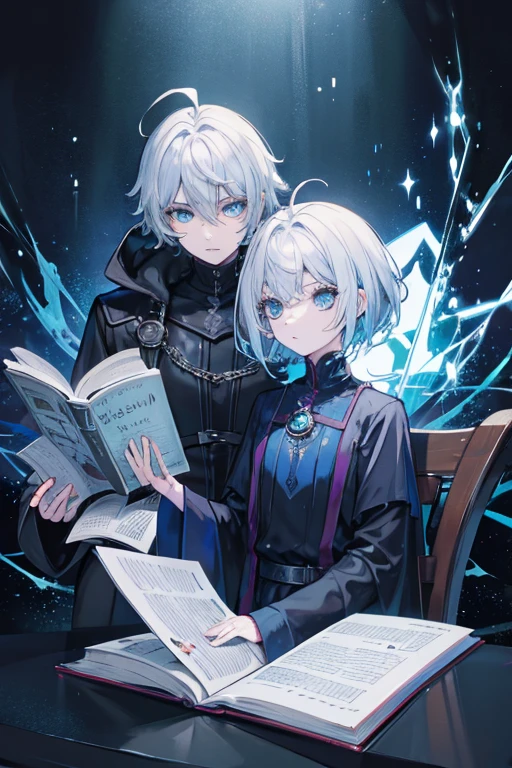 {[{{"Magnificent dark atmosphere, Being in the wizarding world, 4k artwork of a man and woman with gray hair and sparkling blue eyes, short-haired, Surrounded by spellbooks,Create magic."}]}}