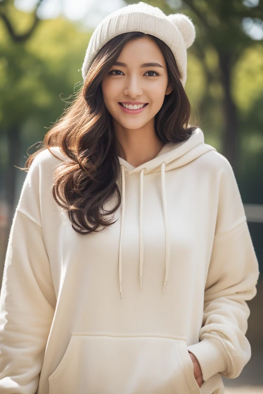 highest quality、4K、Perfect Face、Perfect Style、Sunburn、long curly layer hair, beautiful、stylish appeal、Mature、Swept-back hair、beautiful abs, full body,gorgeous lady, smile,white hoodie, beige cap,wearing sneakers,in the park,evening(From below:1.2), (Realistic:1.2), (Ultra-realistic:1.3), (very detailed:1.1), ((masterpiece)),sexy,detailed