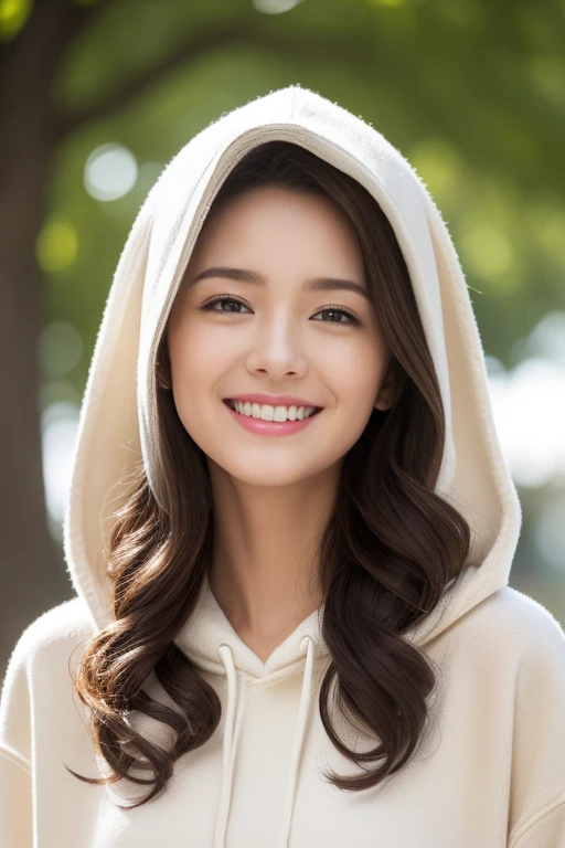 highest quality、4K、Perfect Face、Perfect Style、Sunburn、long curly layer hair, beautiful、stylish appeal、Mature、Swept-back hair、beautiful abs, full body,gorgeous lady, smile,white hoodie, beige cap,wearing sneakers,in the park,evening(From below:1.2), (Realistic:1.2), (Ultra-realistic:1.3), (very detailed:1.1), ((masterpiece)),sexy,detailed