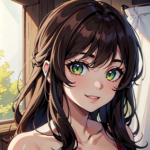 masterpiece, best quality, ultra detailed, highres,8k,BREAK,20 years old,girl,brown hair ,face focus, smile, green eyes