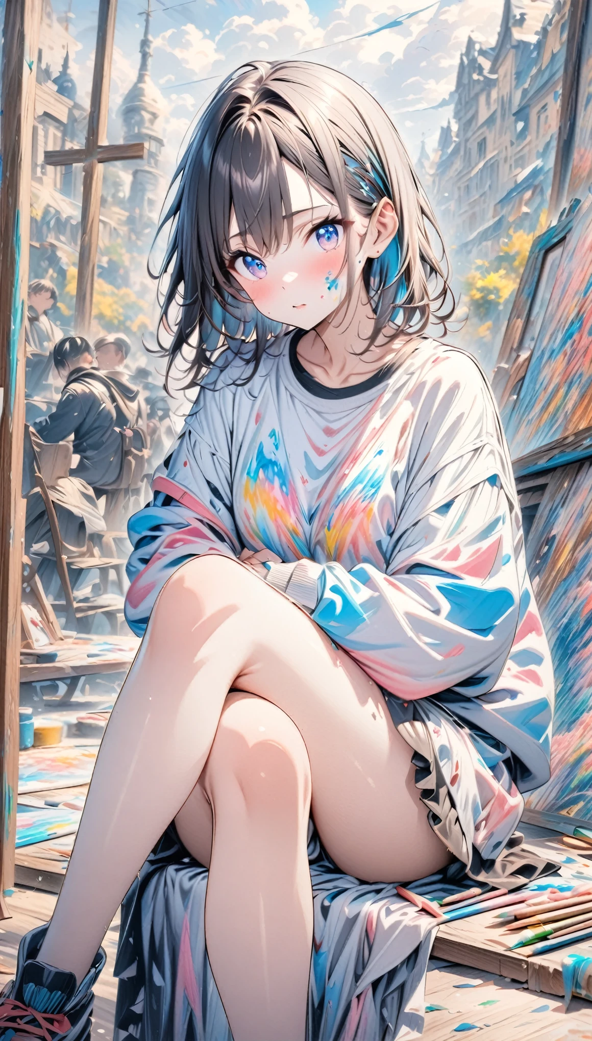 ((style:colored pencil,Pale colors)),(anime)、(masterpiece:1.2),Painting Art、Girl painting、Paint on the cheek、cute、overhaul、Sitting cross-legged in front of the work