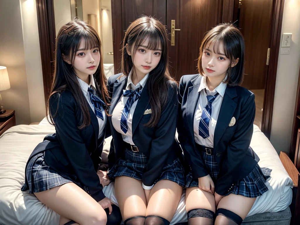 (8K, Raw photography, top-quality, masterpiece:1.2), master piece, best quality, illustration, Super detailed, fine details, High resolution, 8K,wall paper, perfect dynamic composition,(Details High quality, realistic depiction of eyes:1.3), ((2 girls, 2 girls)), The background is a luxury hotel room、High school girl uniform、blazer 、Super Short Check Uniform Skirt、Navy blue high socks、garterbelts、Colossal tits、Disturbed uniform, Play with each other,Touching each other's bodies,Touching the body of the girl next door, short bob hair, black hair color, huge breasts, Big Natural Color Lip, bold sexy pose, (perfect body shape), crying a little、cold gaze, Beautiful makeup,glitter makeup,Cutest 18 years old, beautiful legs, hposing Gravure Idol, Voluptuous thighs
