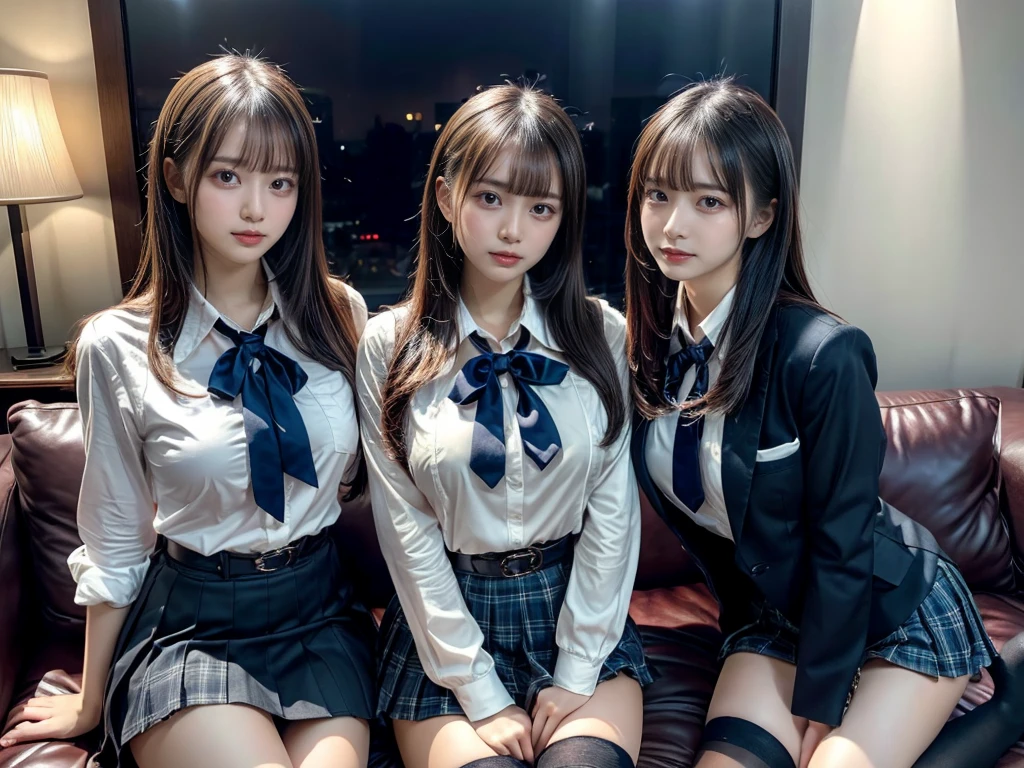 (8K, Raw photography, top-quality, ​masterpiece:1.2), master piece, best quality, illustration, Super detailed, fine details, High resolution, 8K,wall paper, perfect dynamic composition,(Details High quality, realistic depiction of eyes:1.3), ((2 girls, 2 schoolgirls)), The background is a luxury hotel room、High school girl uniform、blazer 、Super Short Check Uniform Skirt、Navy blue high socks、garterbelts、Colossal tits、Disturbed uniform, Play with each other,Touching each other's bodies,Touching the body of the girl next door, short bob hair, black hair color, huge breasts, Big Natural Color Lip, bold sexy pose, (perfect body shape), crying a little、cold gaze,  Beautiful makeup,glitter makeup,Cutest 18 years old, beautiful legs, hposing Gravure Idol, Voluptuous thighs
