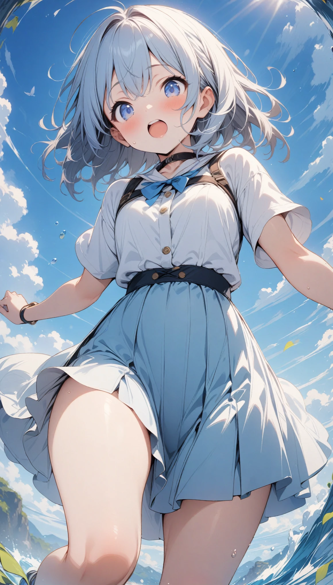 (masterpiece:1.2),blue sky、A big jump into the sky、girl、cute