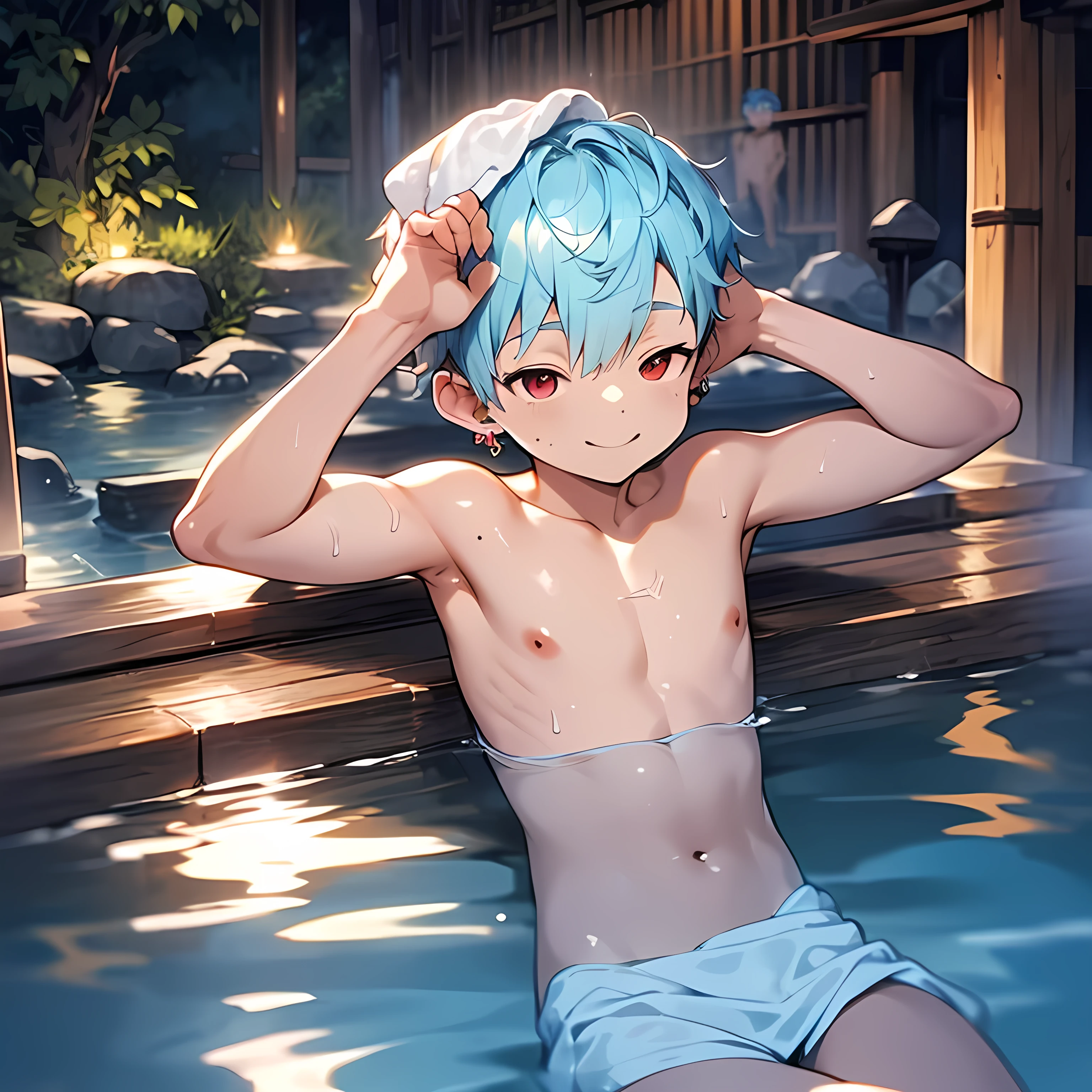 (boldline:-1.6), (onsen:2), (raising arms:1.7), (raising legs:1.7), (in hot springs:2), (raising arms:1.5), (best quality:1.5), (absolutely resolution:1.5), (ultra detailed:1.5), (masterpiece:1.5), (perfect face:1.5), (detailed face:1.5), (detailed eyes:1.5), (cute face), (shota:1.9), (topless:1.5), (arched back:1.3), (skinny:1.3), (towel on head:1.5), (Japanese sake:1.5), (spiked hair), BREAK (light blue hair:1.5), (wine red eyes:1.4), (half closed eyes:1.5), (eyes with high light), ((mole under eye)), (sweaty skin), BREAK (nature), (stone onsen), (relaxing:1.5), (smiling:1.3), ((earrings)), (shiny skin:1.3), BREAK (at twilight), (sunset), (wind blowing), (nipple), (abs), ((groin)), upper body, from above,
