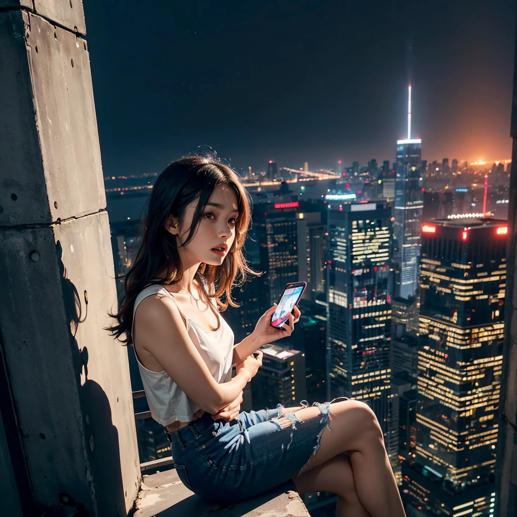 Woman sitting on a ledge, on top a skyscraper, city below, heights, acrophobia, fear of heights, scared expression, phone in hand, scared, terror, (natural skin texture, hyperrealism, soft light, sharp), evening time, lit city